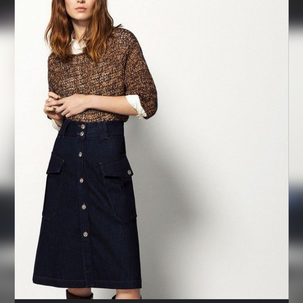 Mossimo Dutti Denim Midi Skirt With Button Front And Oversized Side Pockets